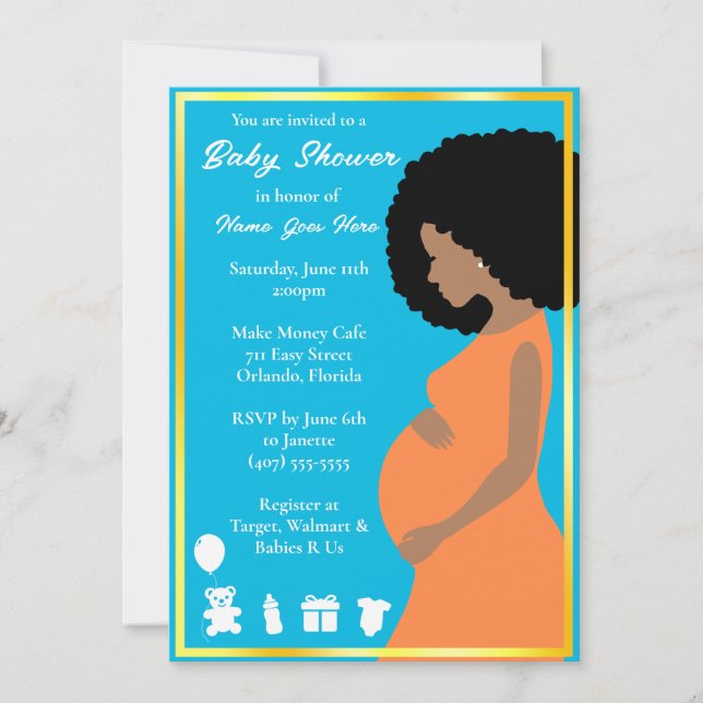 Invitación Oro azul personalizable | Embarazo descargable (Anverso)