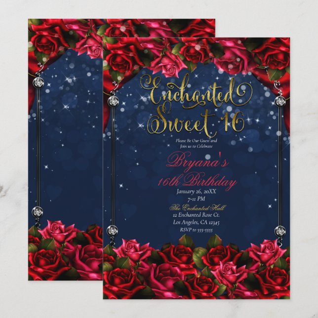 Invitación Oro Azul Roses Rojo Dorado Encantado Dulce 16 16º (Anverso / Reverso)