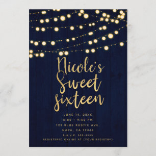 Invitación Oro Azul Rústico Madera y Luces Dulces 16