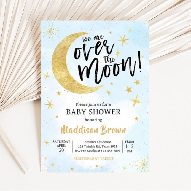 Invitación Oro Azul Sobre El Baby Shower De La Luna (Moon and Stars Baby Shower Invitation)