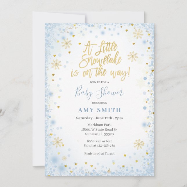 Invitación Oro Azul Un pequeño copo de nieve está en camino (Anverso)