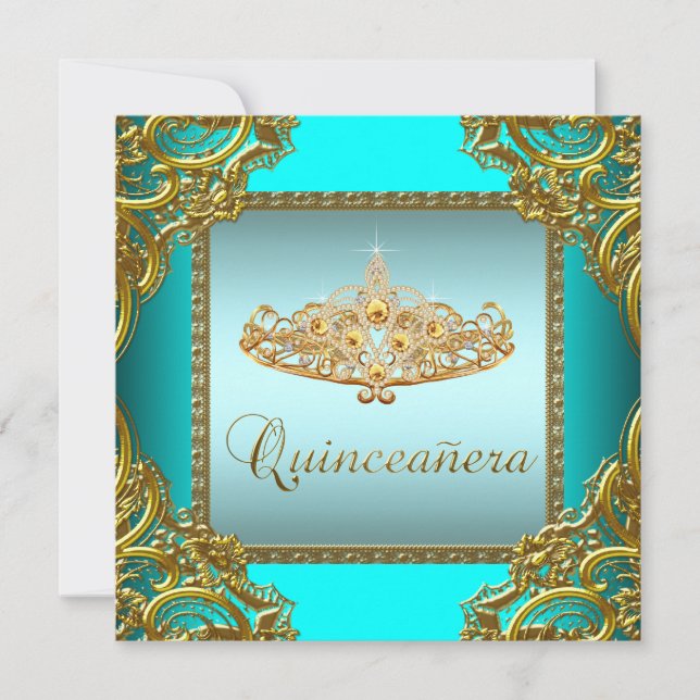 Invitación Oro azul verde azulado Tiara Quinceanera (Anverso)