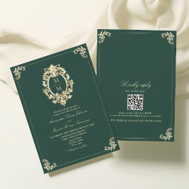 Invitación Oro barroco y Boda verde esmeralda
