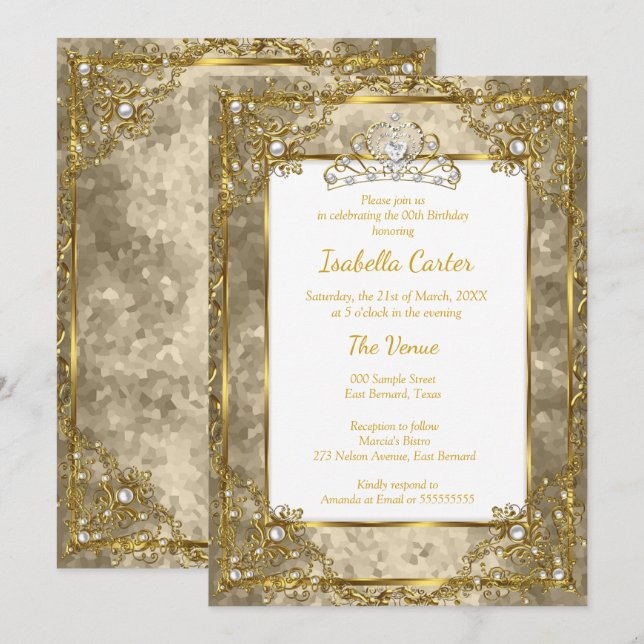 Invitación Oro beige Fiesta de cumpleaños Gold Tiara (Anverso / Reverso)