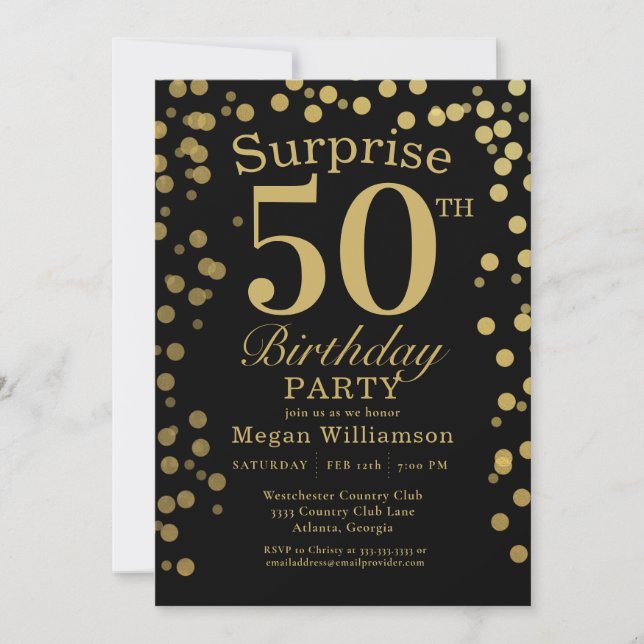 Invitación Oro Black Confetti Sorpresa 50 cumpleaños (Anverso)