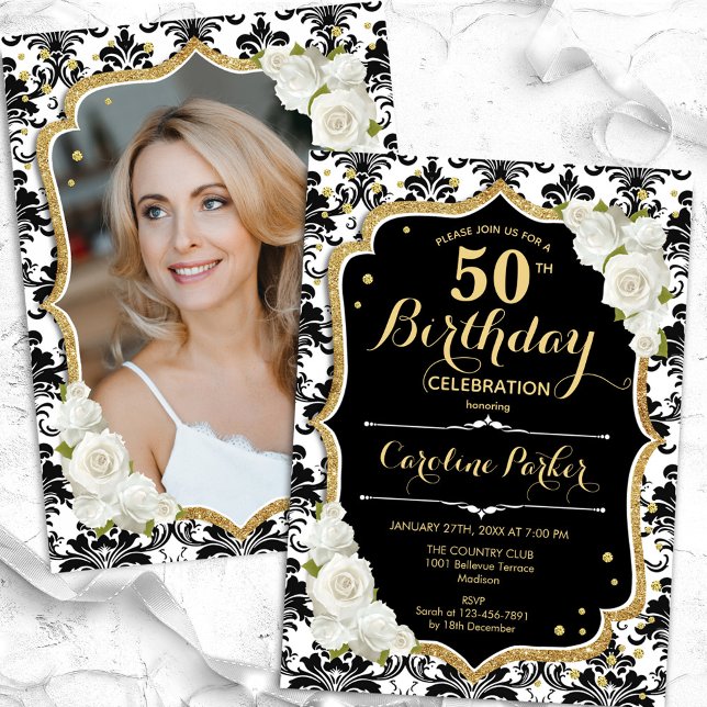 Invitación Oro Black Damask Foto 50 cumpleaños (Subido por el creador)