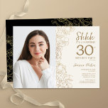 Invitación Oro Black Elegant Surprise Foto 30 cumpleaños<br><div class="desc">Crema de oro floral y sorpresa negra 30 cumpleaños con tu foto en la parte delantera de la tarjeta. Diseño elegante y moderno con detalles botánicos de dibujos y tipografía. Sencilla carta de invitación a la moda, perfecta para una elegante celebración de cumpleaños femenina. Se puede personalizar a cualquier edad....</div>
