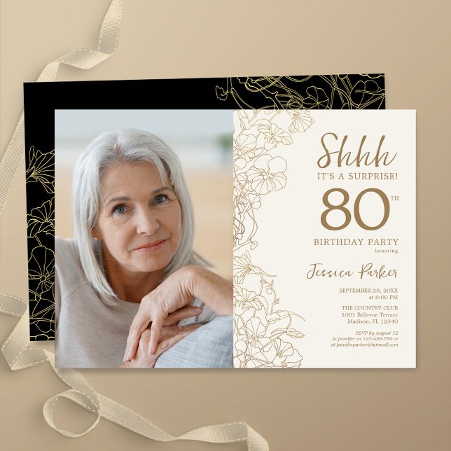 Invitación Oro Black Elegant Surprise Foto 80 cumpleaños (Subido por el creador)
