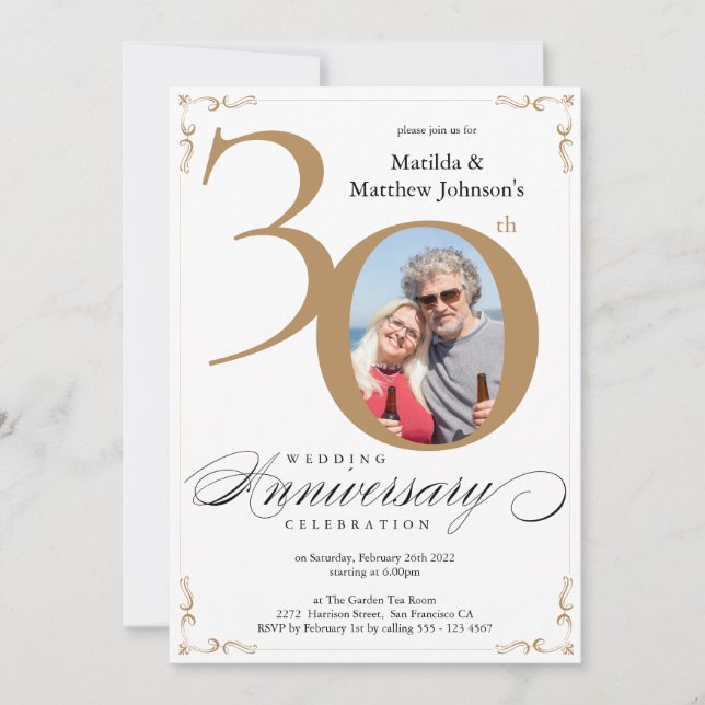 Invitación Oro Blanco 30º Aniversario de Boda Caligrafía (Anverso)