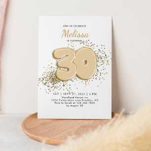 Invitación Oro Blanco 30.º Balón Confetti Adulto Cumpleaños