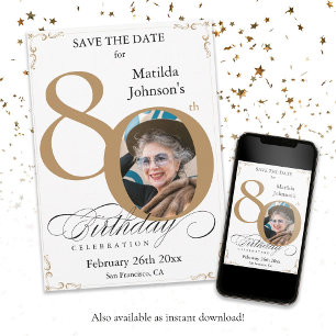 Invitación Oro Blanco 80 cumpleaños Salva la fecha