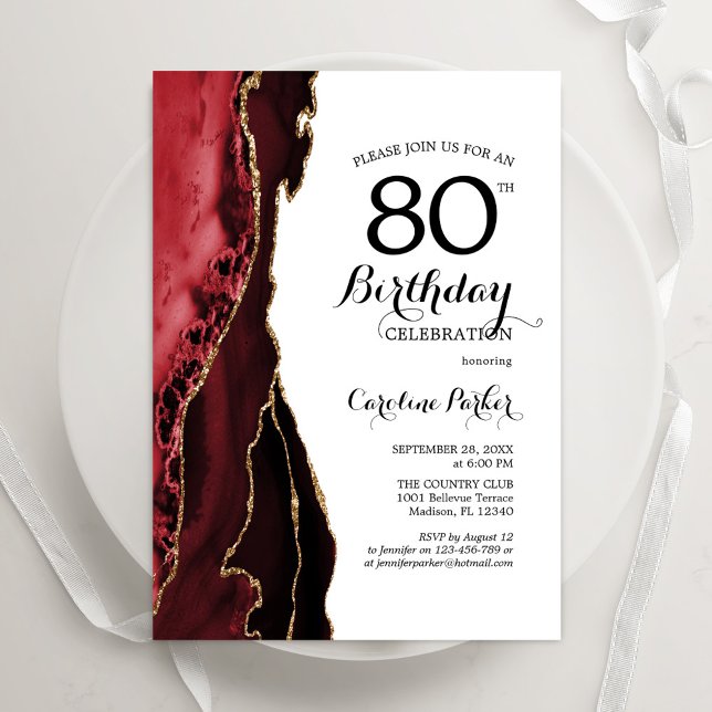 Invitación Oro Blanco Agate Rojo 80 cumpleaños (Subido por el creador)