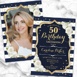 Invitación Oro blanco azul de la Marina Foto 50 cumpleaños<br><div class="desc">Elegante invitación de 50 años floral femenina con tu foto al fondo de la tarjeta. Diseño blanco de la marina Glam con oro falso purpurina. Presenta rayas azul marino y blanco, rosas blancas, letra de guión y confeti. Perfecto para un elegante fiesta de celebración de cumpleaños. Personaliza con tus propios...</div>