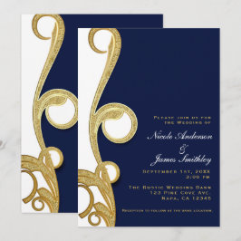 Invitación Oro Blanco Azul Marino Chic Elegante Remolino Boda