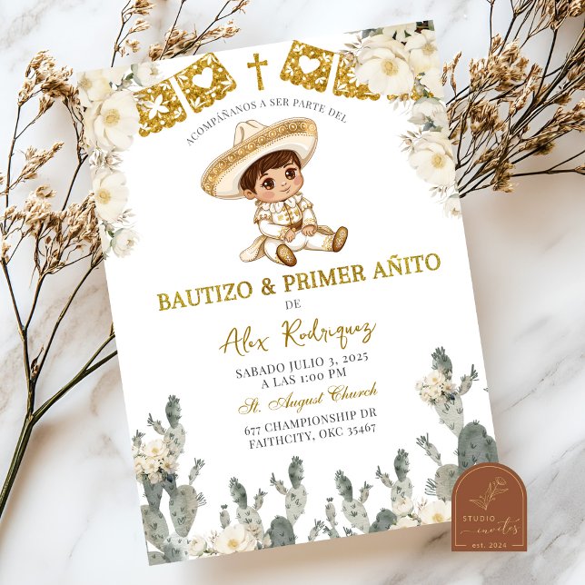 Invitación Oro Blanco Bautizo Y Primer Anito Mexicano (Subido por el creador)