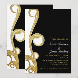 Invitación Oro Blanco Chic Negro Elegante Remolino Boda