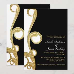 Invitación Oro Blanco Chic Negro Elegante Remolino Boda