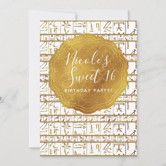 Invitación Oro Blanco Egipcio Egipto Glam Dulces 16 Fiesta (Anverso)