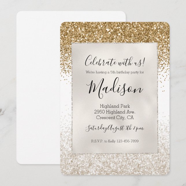 Invitación Oro Blanco Femenino Glitzy Brillo (Anverso / Reverso)