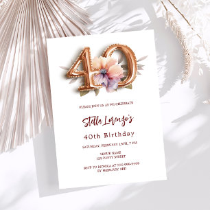 Invitación Oro blanco floral melocotón 40 cumpleaños lujo