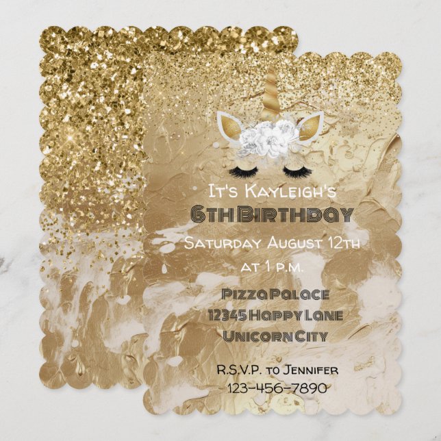 Invitación Oro Blanco Floral Unicornio Brillo  (Anverso / Reverso)