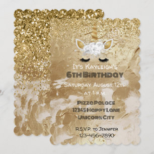 Invitación Oro Blanco Floral Unicornio Brillo