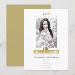 Invitación Oro Blanco Foto Moderna Fiesta de Graduación