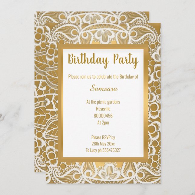 INVITACIÓN ORO BLANCO LACE ORO TRIM ELEGANTE CUMPLEAÑOS (Anverso / Reverso)