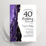 Invitación Oro blanco morado Agate 40 cumpleaños<br><div class="desc">Púrpura, blanca y dorada agaron la invitación a la fiesta de cumpleaños número 40. Elegante diseño moderno con fondo geodésico de mármol agate acuarela, oro falso purpurina y tipografía de escritura. La carta de invitación de moda es perfecta para una elegante celebración del cumpleaños de las mujeres. Invitaciones Zazzle impresas...</div>