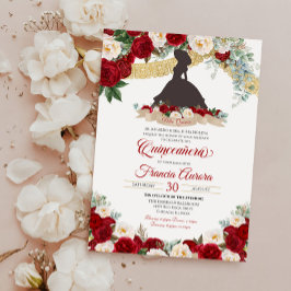 Invitación Oro Blanco Rojo Elegante Carro Floral Quinceanera