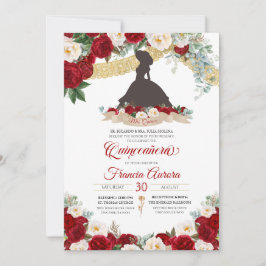 Invitación Oro Blanco Rojo Elegante Carro Floral Quinceanera