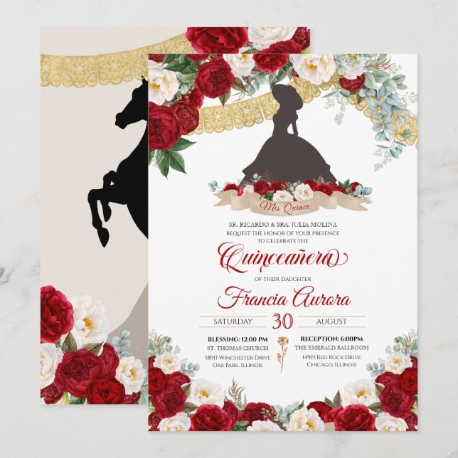 Invitación Oro Blanco Rojo Elegante Carro Floral Quinceanera  (Anverso / Reverso)