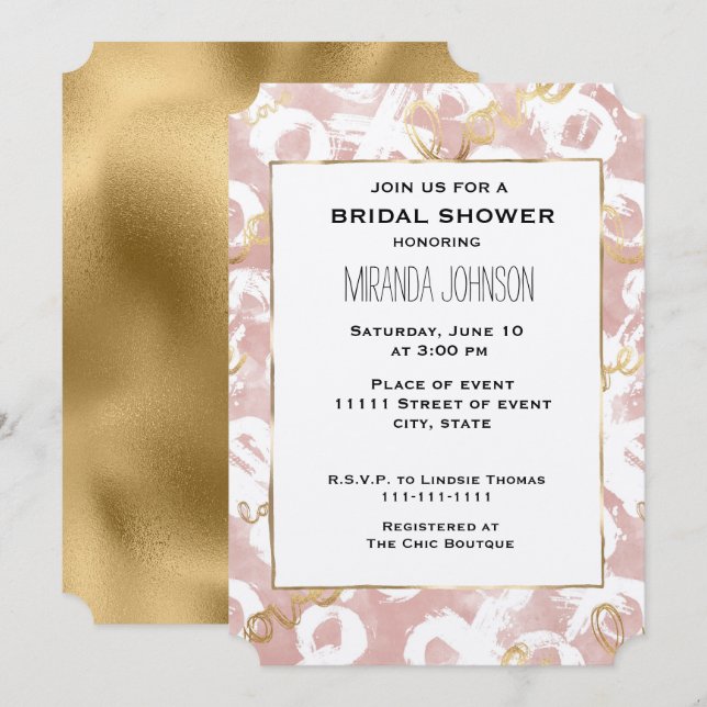 Invitación Oro Blanco Rosa Amor XO Ducha de novia (Anverso / Reverso)