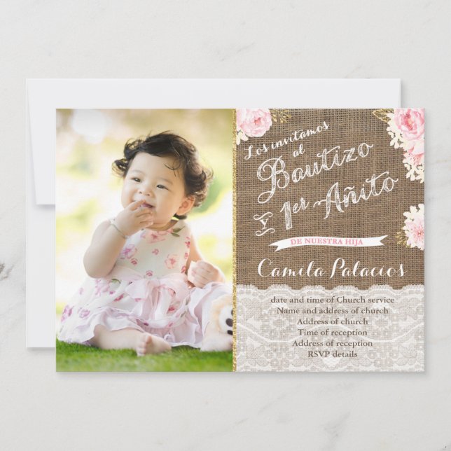 Invitación Oro Blanco Rosa Español Bautizo Baptism Cumpleaños (Anverso)