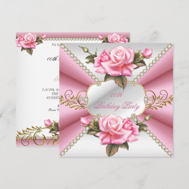 Invitación Oro Blanco Rosa Fiesta de Cumpleaños Hermosa (Anverso / Reverso)