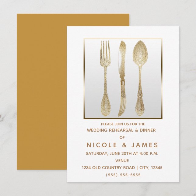 Invitación Oro Blanco Utensilios Antiguos Ensayo de Boda (Anverso / Reverso)