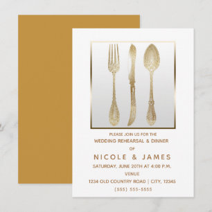 Invitación Oro Blanco Utensilios Antiguos Ensayo de Boda