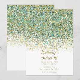 Invitación Oro Blanco y Brillo Teal Moderno Costero Dulce 16