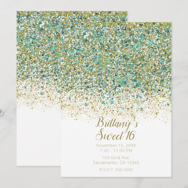 Invitación Oro blanco y Purpurina Verde azulado Dulce costero (Anverso / Reverso)