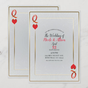 Invitación Oro Blanco y Rojo Reina de Corazones Boda Elegante