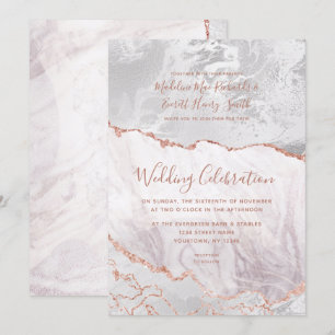 Invitación Oro Blanco y Rosa Agata Mármol Hojilla Dorada Boda