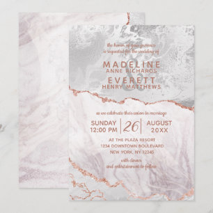 Invitación Oro Blanco y Rosa Agata Mármol Hojilla Dorada Boda