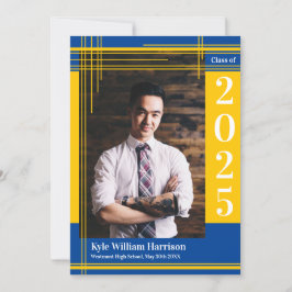 Invitación Oro Blue School Color Graduation Photo Plaid