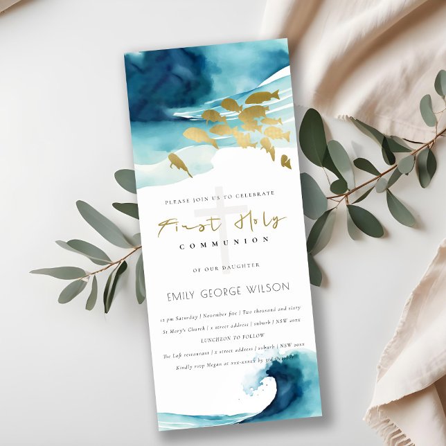 Invitación Oro Blue Subwater Sea Fish First Holy Communia (Subido por el creador)