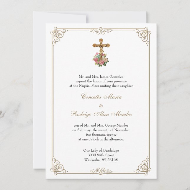 Invitación Oro Boda floral crucifijo católico (Anverso)