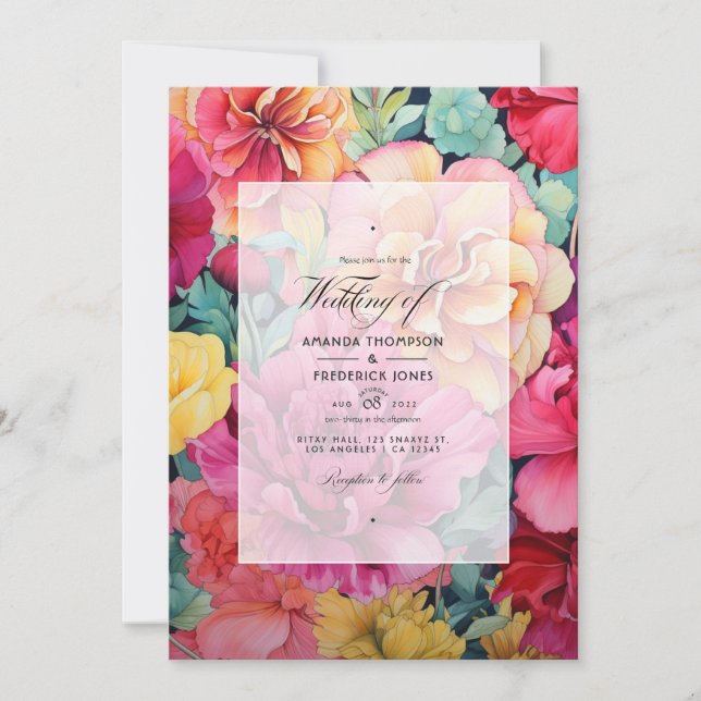 Invitación Oro, Boda floral verde y rosa caliente (Anverso)