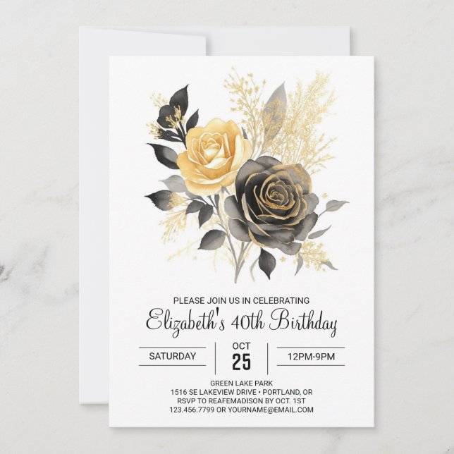Invitación Oro bohemio de florecimiento y cumpleaños 30 negro (Anverso)