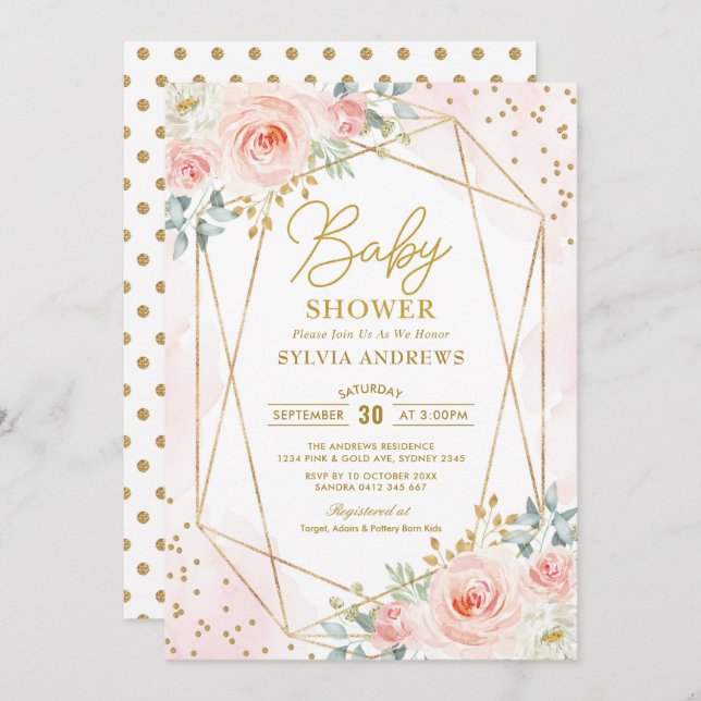 Invitación Oro bonito Baby Shower floral geométrico de Rubor (Anverso / Reverso)