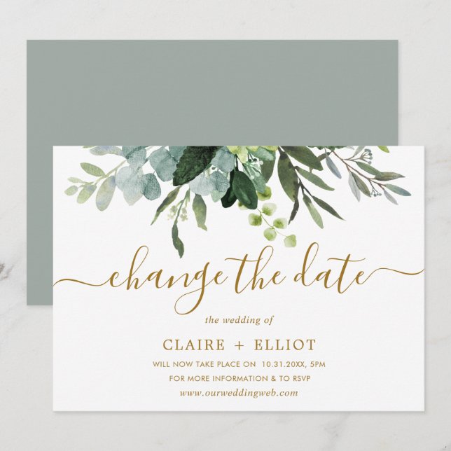 Invitación Oro Botánico y Cambio de Fecha de Boda Verde (Anverso / Reverso)
