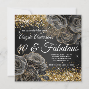 Invitación Oro Brillante Purpurina Rosa Negra Glam 40 y Fabul